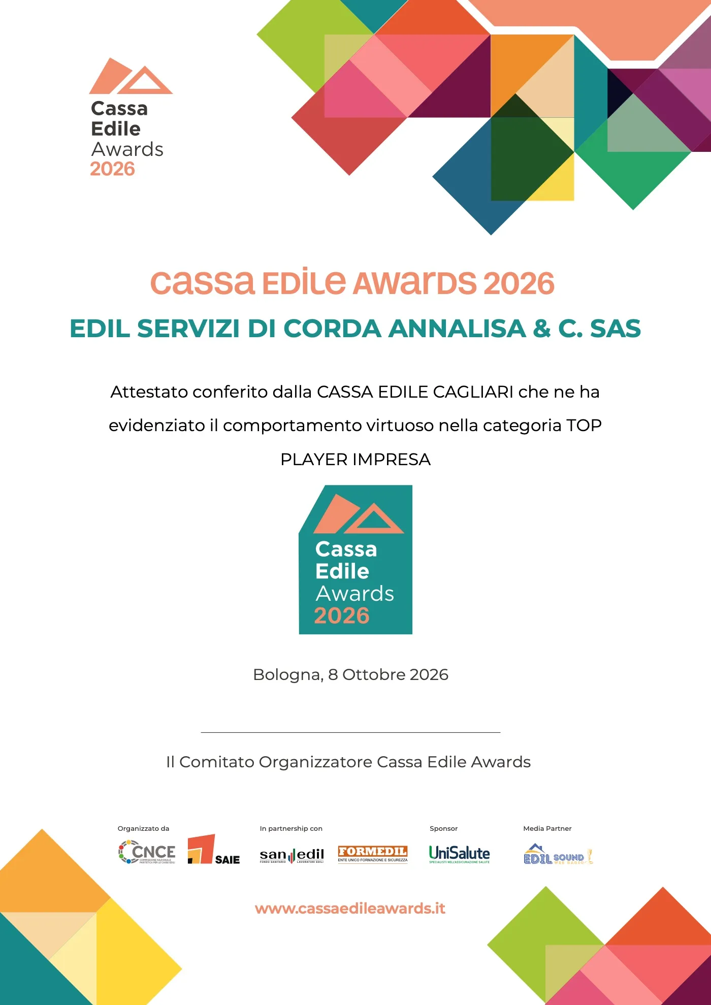 Attestato Cassa Edile Awards 2026 conferito a Edil Servizi nella categoria Top Player Impresa