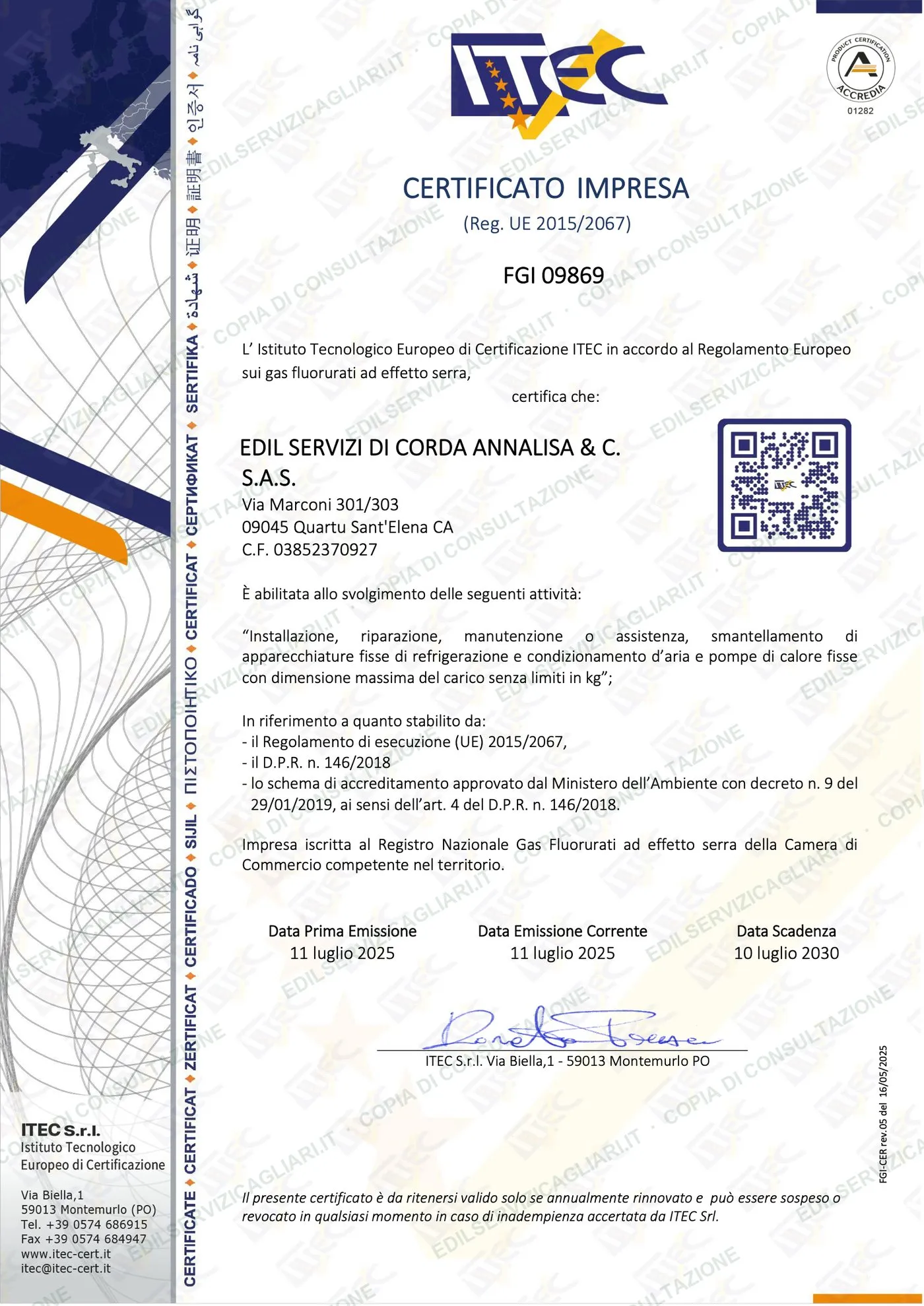 FGAS company certificate issued to Edil Servizi by ITEC