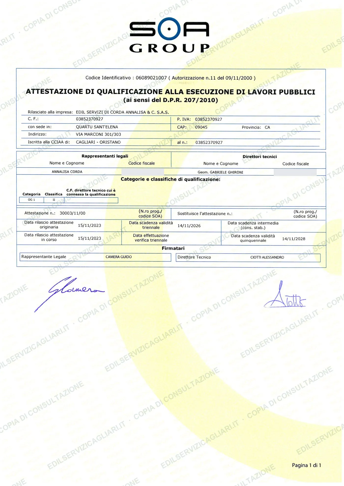 SOA attestation issued to Edil Servizi for category OG1, class II