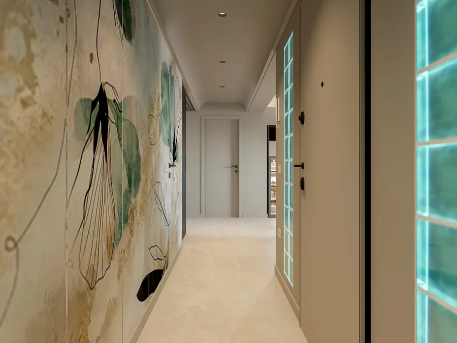 Render del corridoio con carta da parati decorativa e armadiature a filo muro
