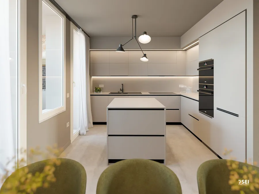 Render della nuova cucina con isola centrale e colonne a tutta altezza
