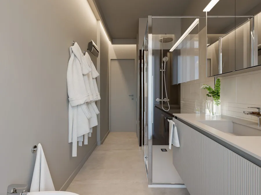 Render del bagno con doccia a filo pavimento, mobile sospeso e luce integrata