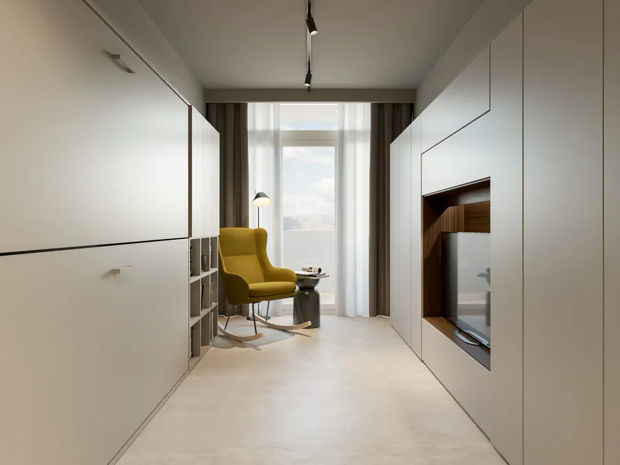 Render dello studio con parete attrezzata a tutta altezza e angolo lettura