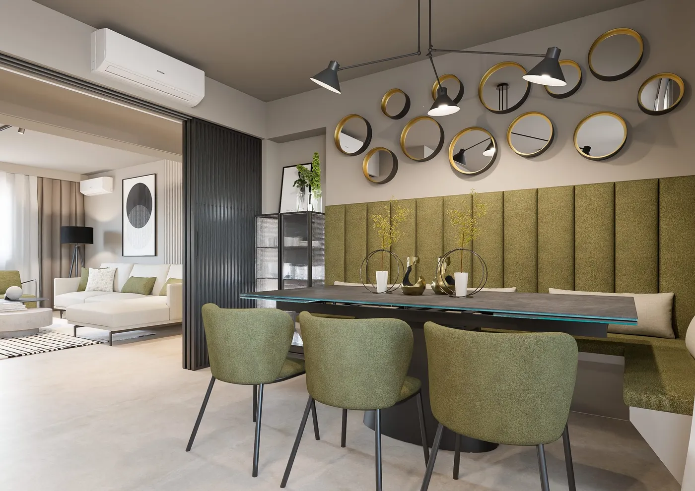 Render della zona pranzo dell'appartamento DVM, con boiserie verde oliva, composizione di specchi e soggiorno sullo sfondo