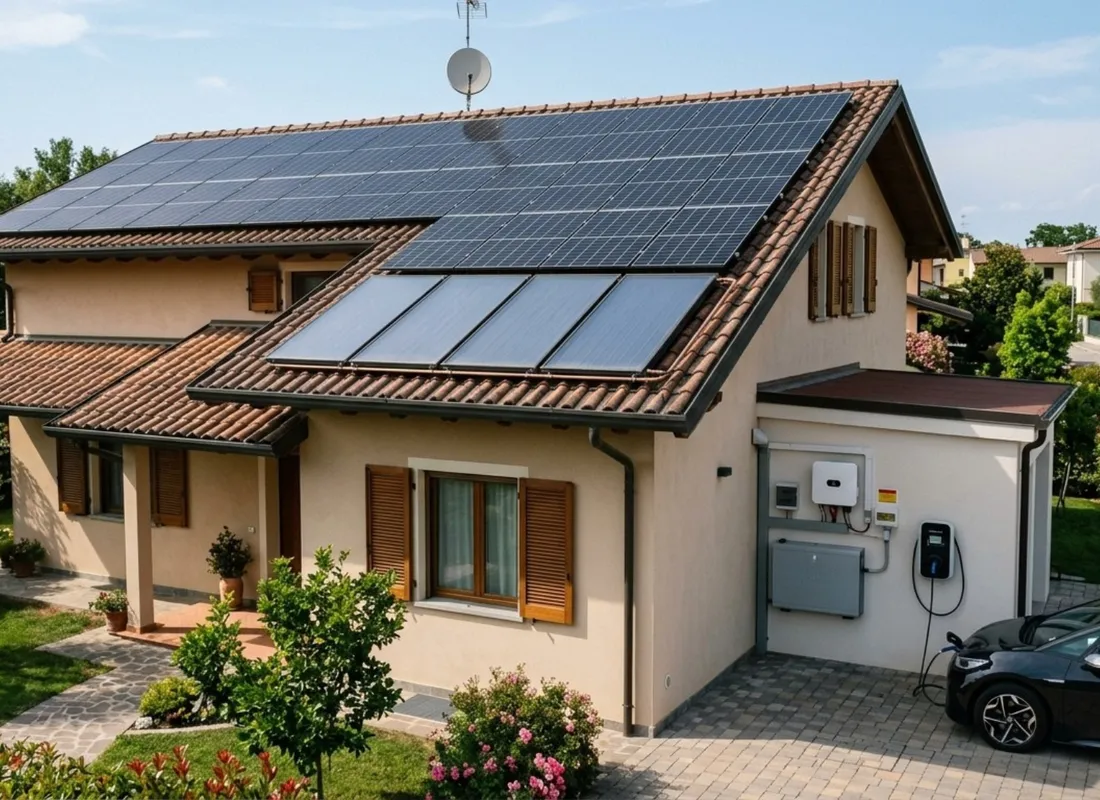 Illustrative render of a villa with photovoltaic system, solar panels and an EV charging point