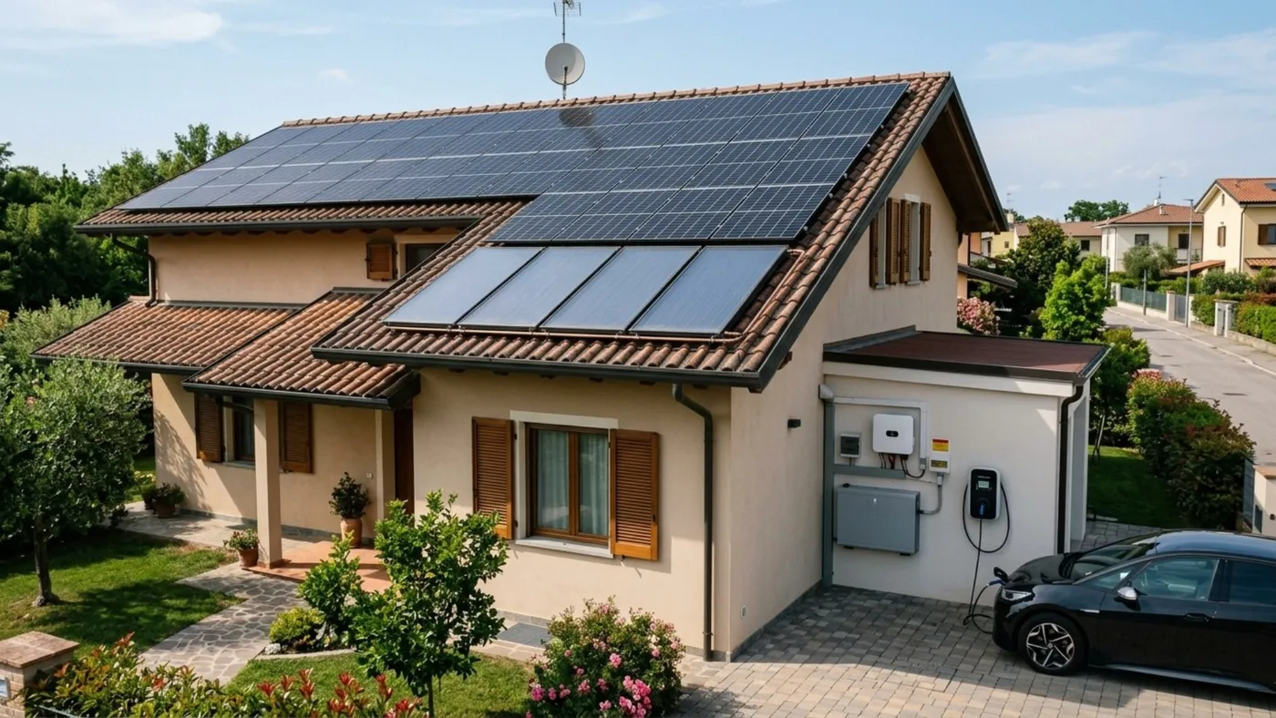 Render illustrativo della villa di Margine Rosso con impianto fotovoltaico, pannelli solari e colonnina di ricarica