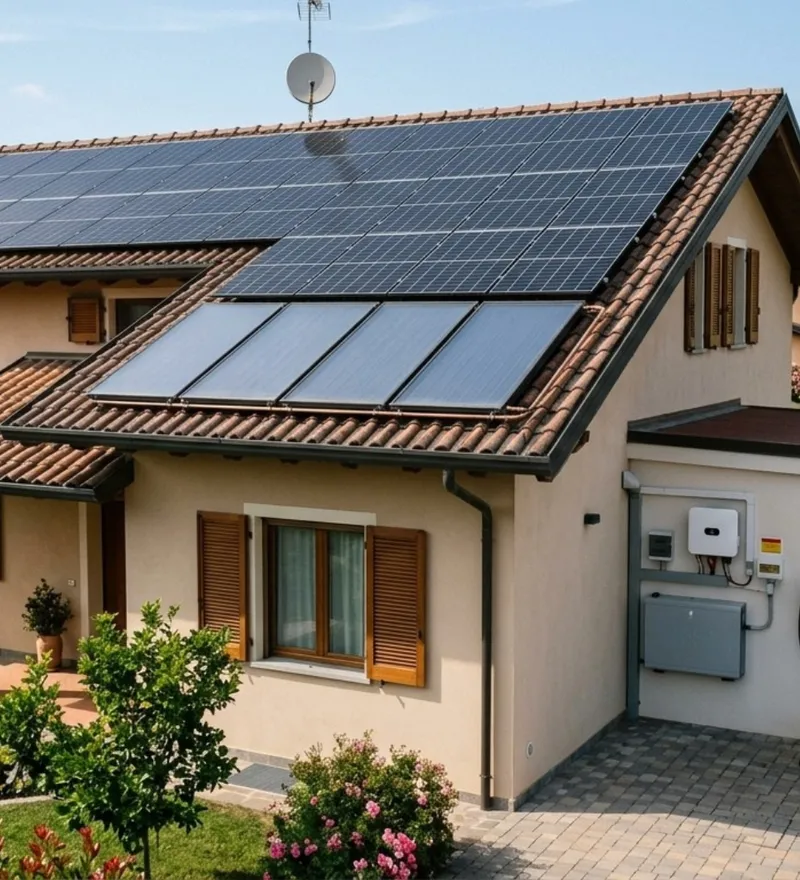 Illustrative render of a villa with photovoltaic system, solar panels and an EV charging point