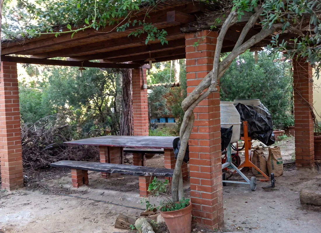The brick gazebo on site before completion